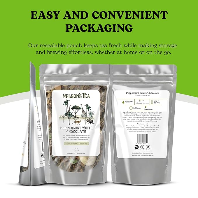 Nelson's Tea - Peppermint White Chocolate - Caffeine Free - Loose Leaf Tea with Green & Red Rooibos - White Chocolate Peppermint Tea (2 oz)