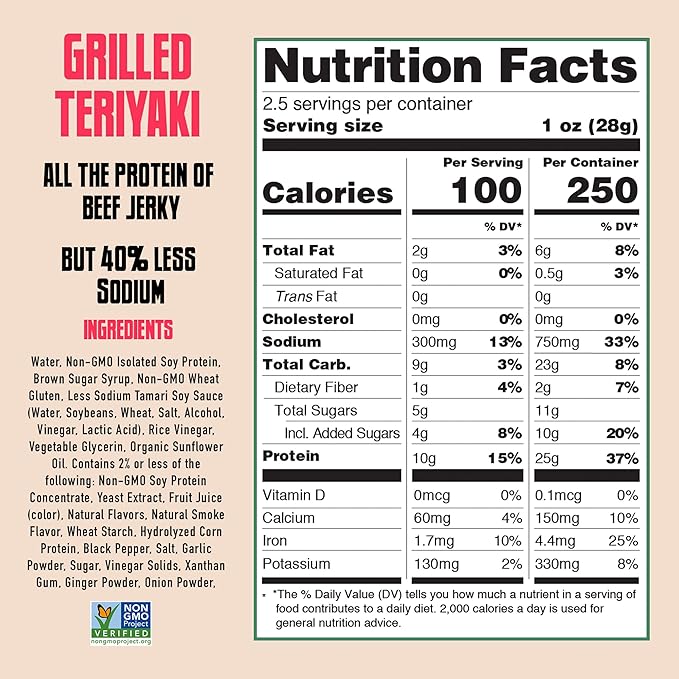 AGRO POWER Vegan Jerky - Grilled Teriyaki Flavor – Delicious, Non-GMO Certified Vegetarian Jerky with 25 Grams of Plant-Based Protein and 40% Less Sodium. High Protein Vegan Snacks - 2 Pack Set