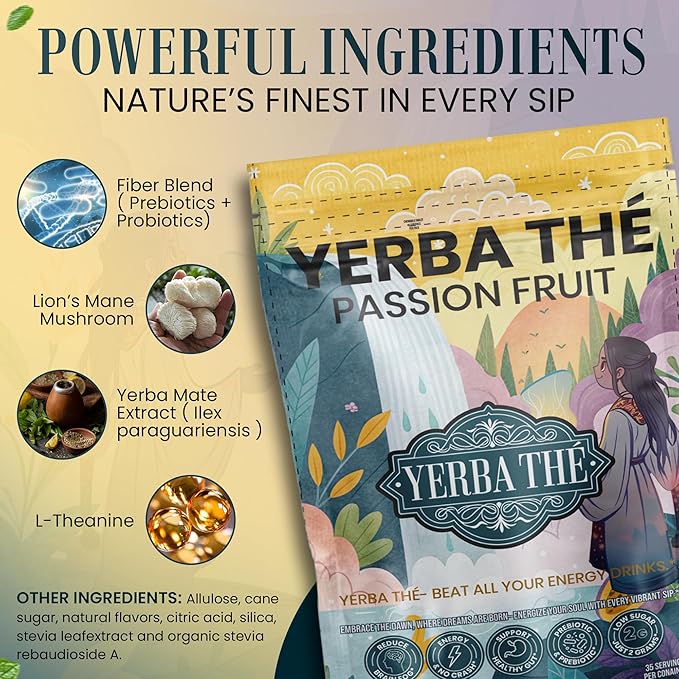 Ancient Diosa - Yerba Mate Tea Powder 350g, 35-Servings - Passion Fruit Flavor Clean Energy Drink Superfood - Support Gut Health, Probiotics and Prebiotics, Reduce Brain Fog, Relaxation & Focus Blend