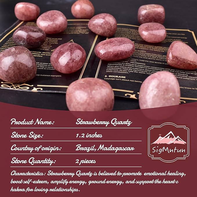 Polished Strawberry Quartz Crystal Stones - 2 Pcs of 1.2" Worry Stone for Anxiety, Pocket Palm Stone Super Large Handpicked Natural Tumbled Gemstones for Meditation, Reiki, Chakra Healing, Home Decor