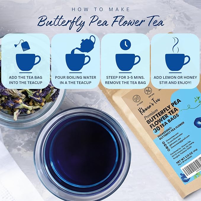 KHWAN'S TEA - Butterfly Pea Flower Tea Bags, Blue Herbal Tea Caffeine Free Natural Coloring, Sourced from Thailand