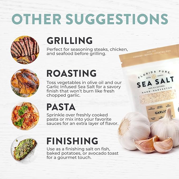 FLORIDA PURE Garlic Sea Salt - 80+ Mineral Sea Salt, Natural, Unrefined, Non Iodized - for Baking, Cooking, Seasoning & Enhancing Taste - Rich Taste Flaky Sea Salt (3 oz. Pouch)