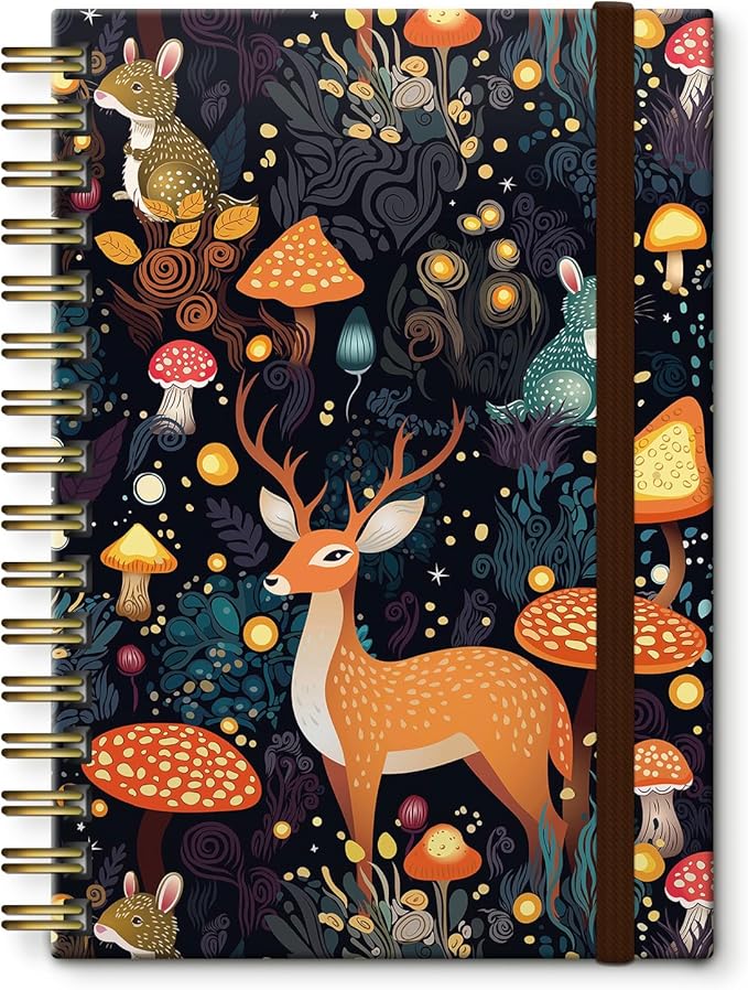 Cute Spiral Notebook, Journal for Women, Hardcover Spiral Journal, 5.5 x 8.3 Inches, 120 Pages,100gsm Paper, for Gifts Nurse Teacher Women Office Supplies(Cute Mushroom deer)