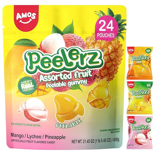 Amos Peelerz Assorted Peelable Gummy – Tropical Peeling Candy Variety Pack | Mango, Lychee & Pineapple | 24 Individual Packs (608g) | Fun, Chewy & Shareable Treat