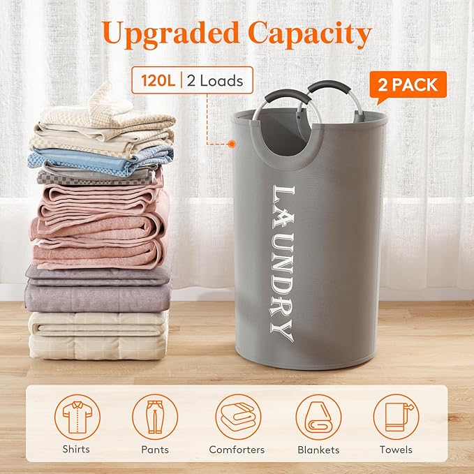 Lifewit 120L 2-Pack Large Laundry Basket, Collapsible Laundry Hamper with Aluminum Handles, Waterproof Freestanding Dirty Clothes Hampers for Laundry Room Bedroom Dorm Bathroom, Silver Grey