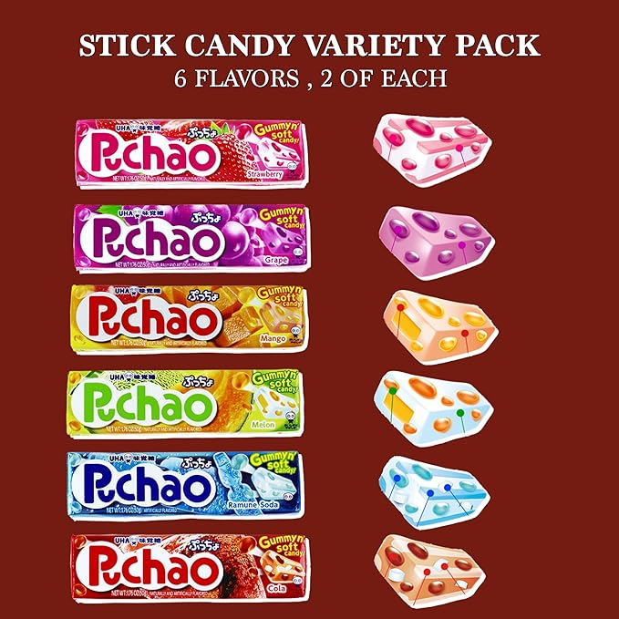 Japanese Gummy Candy Fruit Chews Variety 12 Pack- Cola, Soda, Grape, Strawberry, Melon, Mango