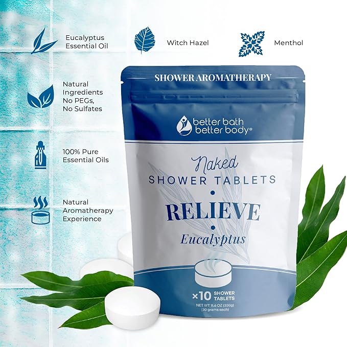 New Relieve Shower Tablets (10 Tabs) Scented with Pure Eucalyptus Essential Oil for Relaxing Shower at Home Made in USA
