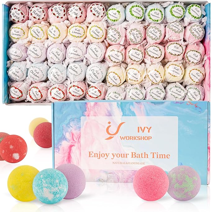 Bath Bombs for Women Gift Set, 50 Pcs Natural Organic Bubble Bathbombs with 10 Rich Scents, Handmade Bubble Bath Fizzy, for Bubble Bath Spa,Her/Him,Wife,Girlfriend,Mother Present Giving