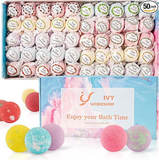Bath Bombs for Women Gift Set, 50 Pcs Natural Organic Bubble Bathbombs with 10 Rich Scents, Handmade Bubble Bath & Fizzy, for Bubble Bath Spa, Christmas, Birthday, Valentine's, Present Giving