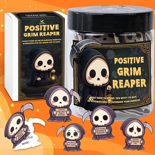 Emotional Support Grim Reaper – Positive Grim Reaper Jar, Dark Humor Spooky Gifts, Halloween Basket Stuffers for Adults Women Men & Funny Halloween Gifts for Adults, Coworkers, Boo Basket Stuffers