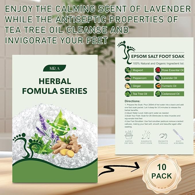 Epsom Salt Foot Soak, 10Pack Tea Tree Oil and Lavender Oil Epsom Salts for Soaking, Dead Sea Salt Spa Pedicure Care Softens Thick Calluses & Corns, Athletes Foot, with feet scrubber