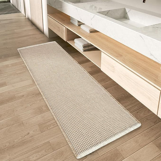 AMOAMI Upgraded Waffle Runner Rug Super Absorbent Non Slip Bath Mats for Bathroom Machine Washable Bathroom Runner Rug with Tassels, Ideal for Hallway Bedroom Laundry Room, 17" x 60", Brown & Cream