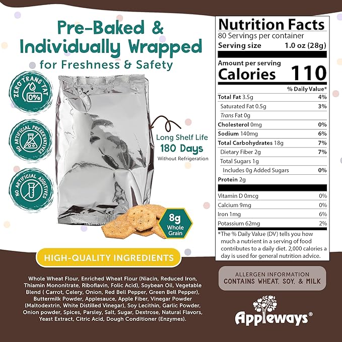Appleways Veggie Crispy Crackers, Healthy All-Natural Vegetable Whole Grain Snack Crackers, Individually Wrapped in 4 Packs (20 oz Each), Bulk Kosher Wheat Snack, Kid-Friendly, Made in USA