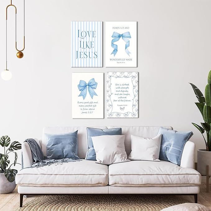 Light Blue Bow Christian Wall Art for Girls Dorm – Coquette Aesthetic Scripture Canvas Prints, Christian Wall Decor for Teen Room, or Bathroom – Framed Cute Spiritual Decor 16x24 inch