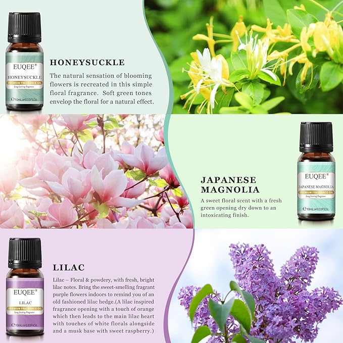 EUQEE Premium Floral Fragrance Oils Set 6PCS Fragrance Oils Set for Diffuser, DIY Candle - Honeysuckle, Lilac, Japanese Magnolia, Violet, Orange Blossom (10ml)