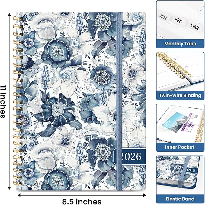 2026 Planner, Monthly and Weekly Calendar Planner for Women, January 2026 - December 2026, Hardcover Pretty 2026 Agenda Planner Book with Tabs, Spiral Bound, Perfect for School Office Home Supplies, 8.5" x 11" - Blue Floral