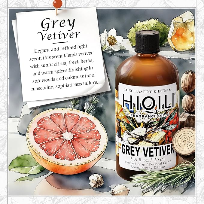 HIQILI Grey Vetiver Fragrance Oil - Perfect for DIY Candle, Soap & Air Freshening Spray Making, and Home Essential Oil Diffuser - 5.07 Fl Oz