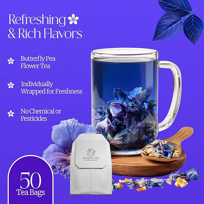 50 PACK Butterfly Pea Tea Bags – Individual Wrapped Tea Bags – Vibrant Blue All-Natural Herbal Tea | Caffeine Free | No Preservatives - Rich In Antioxidants