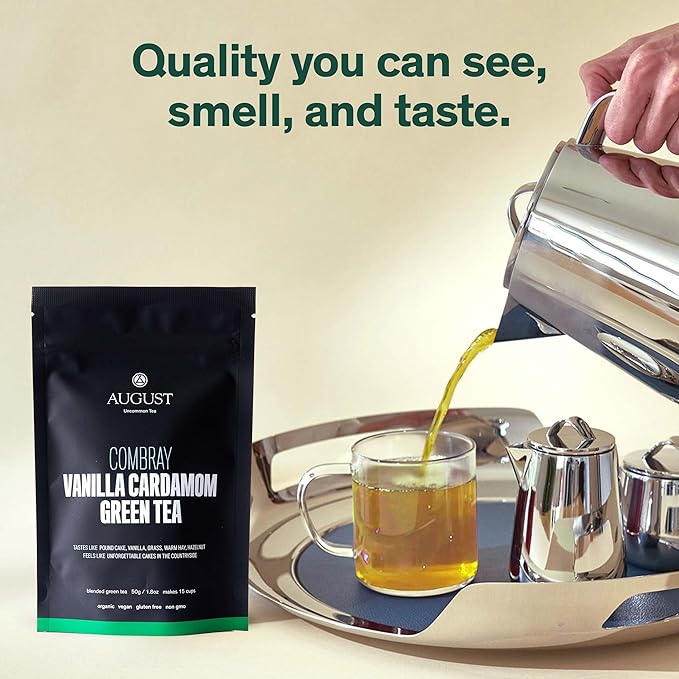 August Uncommon Combray Loose Leaf Tea – Organic Vanilla and Cardamom Green Tea – Vegan, Gluten-Free, and Non-GMO Organic Tea – Bold Dessert-Inspired Flavor in a Resealable 1.8oz Pouch (15-30 Cups)
