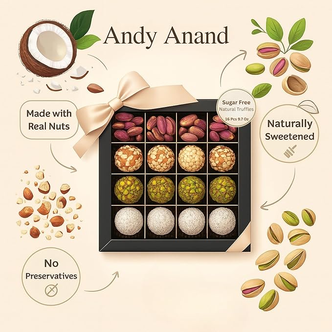 Andy Anand Chocolatier Natural Truffles Gift Box With Pistachio, Hazelnut & Coconut, Delicious Taste in Every Bite, Gluten Free & Non-GMO Ingredients, No Preservatives (16 Pcs, 9.7 Oz)