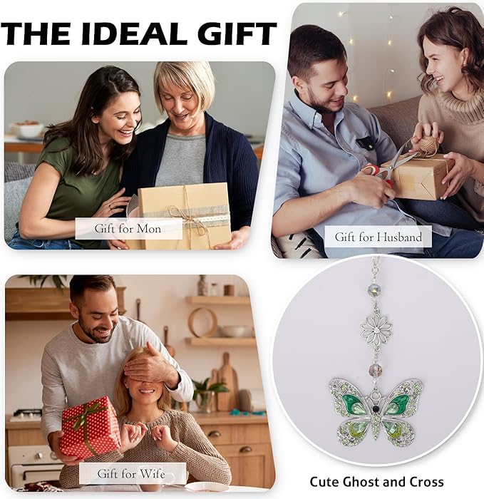 Green Crystal Butterfly Car Charm - Rear View Mirror Hanging Ornament, Sun Catcher Window Pendant for Car Interior Decoration, Christmas Birthday Gifts for Mom Aunt Women