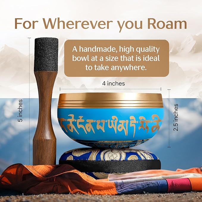 Handmade Tibetan Etched Singing Bowl Set – Sound Bowl & Meditation Bowl with Cushion, Mallet & Guide – Handmade Nepali Bowls – Sound Bath Accessories – Bronze Singing Bowls