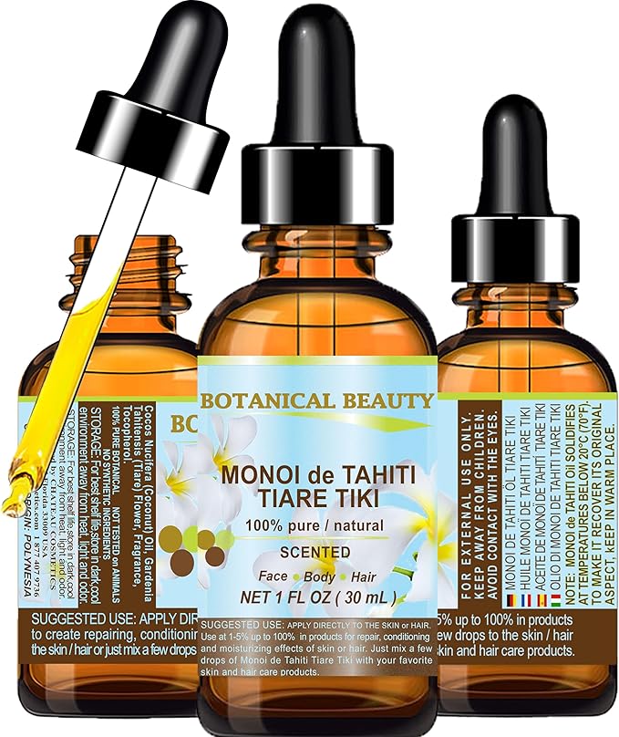 Botanical Beauty MONOI de TAHITI OIL TIARE TIKI 100% Pure Natural Undiluted Virgin 1 Fl. Oz.- 30 ml for FACE, SKIN, BODY, HAIR, NAILS