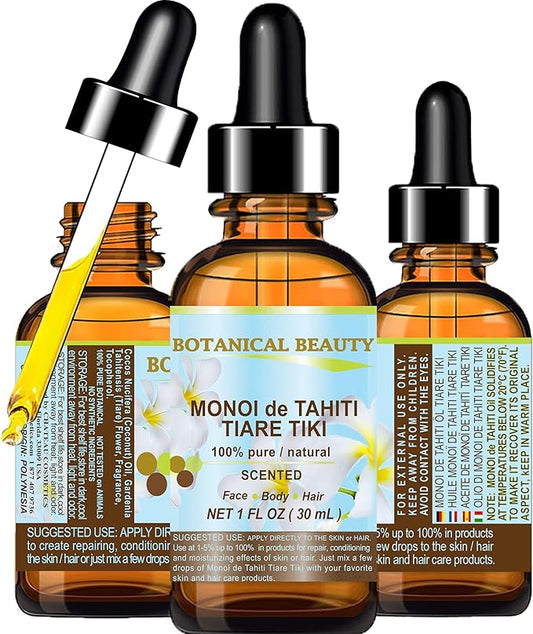 Botanical Beauty MONOI de TAHITI OIL TIARE TIKI 100% Pure Natural Undiluted Virgin 1 Fl. Oz.- 30 ml for FACE, SKIN, BODY, HAIR, NAILS