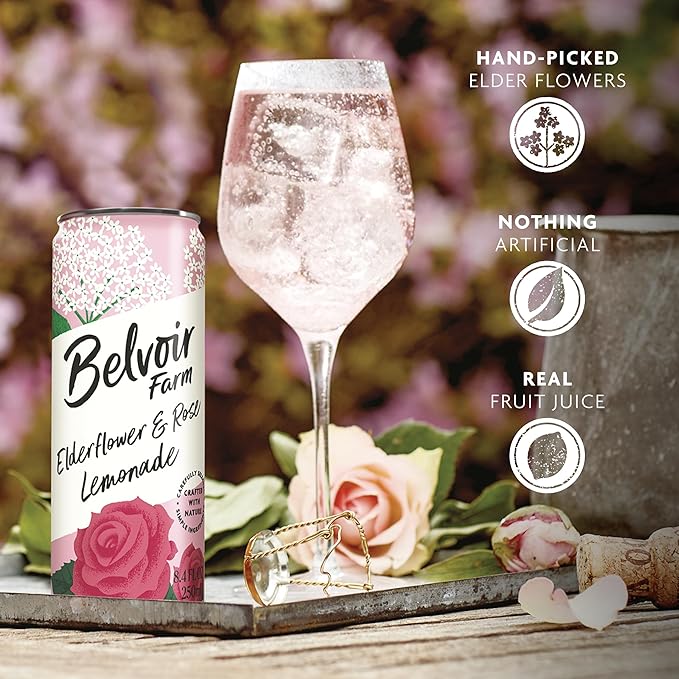 Belvoir Farm Elderflower & Rose Sparkling Lemonade | Delicious On It's Own Or As A Mixer | Product of UK | 4 Cans, 8.4 fl oz (250mL)