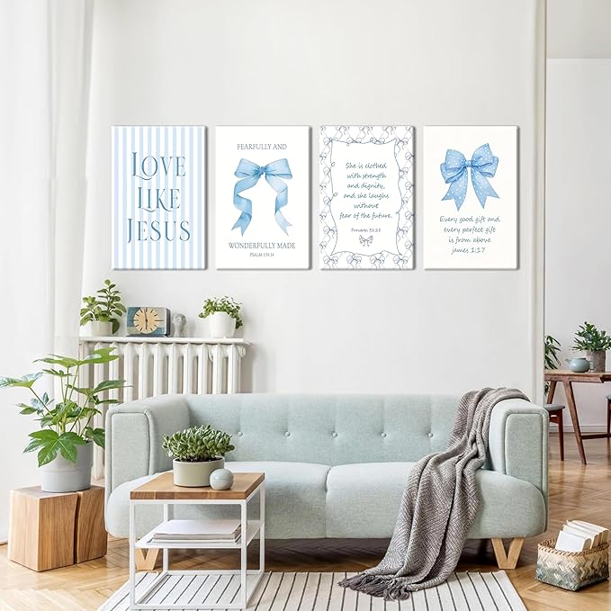 Light Blue Bow Christian Wall Art for Girls Dorm – Coquette Aesthetic Scripture Canvas Prints, Christian Wall Decor for Teen Room, or Bathroom – Framed Cute Spiritual Decor 12x16 inch