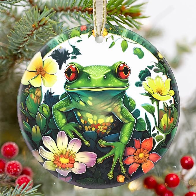 Ceramic Frog Hanging Ornament - Christmas Tree Decor - Gifts for Frog Lovers