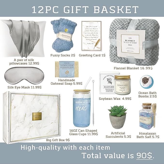 Get Well Soon Gift Baskets - 12PC Care Package for Women After Surgery, Birthday, Sympathy & Grief Gifts (Grayish)