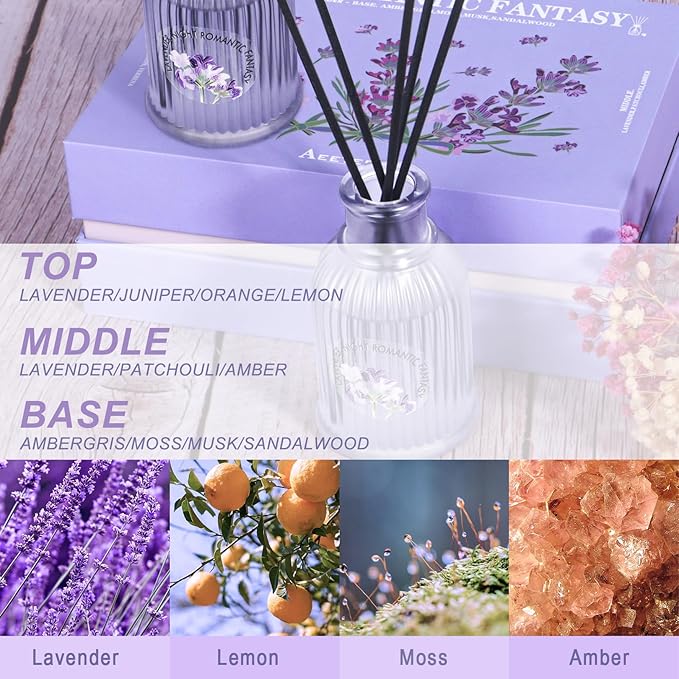 2-Pack Lavender Reed Diffuser Set - Floral and Woody Scented Home Fragrance | Lemon Moss Verbena Aroma Essential Oil | Aromatherapy Gifts for Bathroom Office Living Room Decor