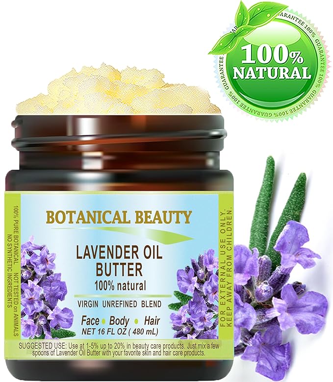 Botanical Beauty LAVENDER OIL BUTTER 100% Natural Lavender Essential Oil in Shea Nut Butter for FACE, SKIN, BODY, HAIR, NAILS. Beauty Skin Moisturizer Oil Butter. (16 Fl Oz)