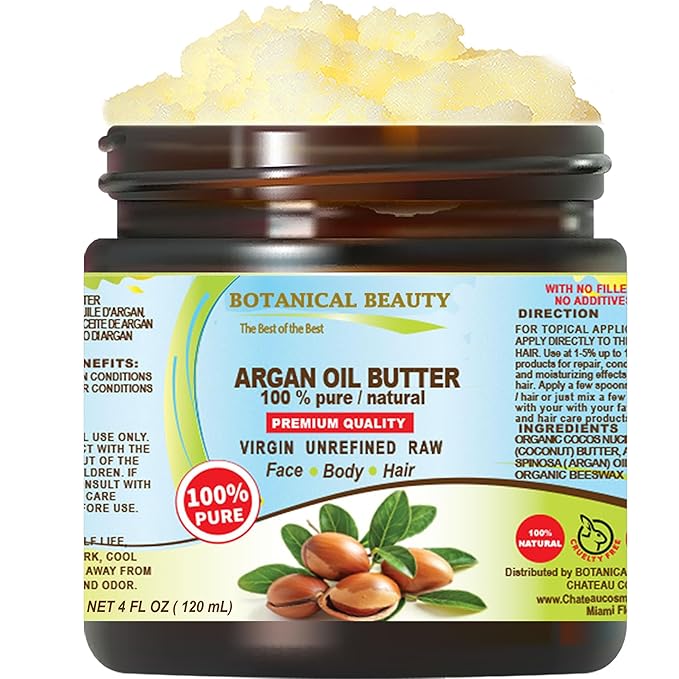 Botanical Beauty ARGAN OIL BUTTER RAW 100% Pure Natural VIRGIN UNREFINED Cold-Pressed for Face, Skin, Body, Hair, Lip, Nails. Rich in Vitamin E (4 Fl Oz)