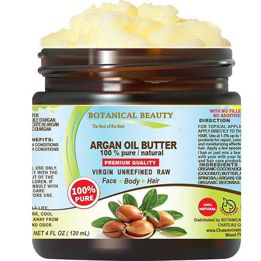 Botanical Beauty ARGAN OIL BUTTER RAW 100% Pure Natural VIRGIN UNREFINED Cold-Pressed for Face, Skin, Body, Hair, Lip, Nails. Rich in Vitamin E (4 Fl Oz)