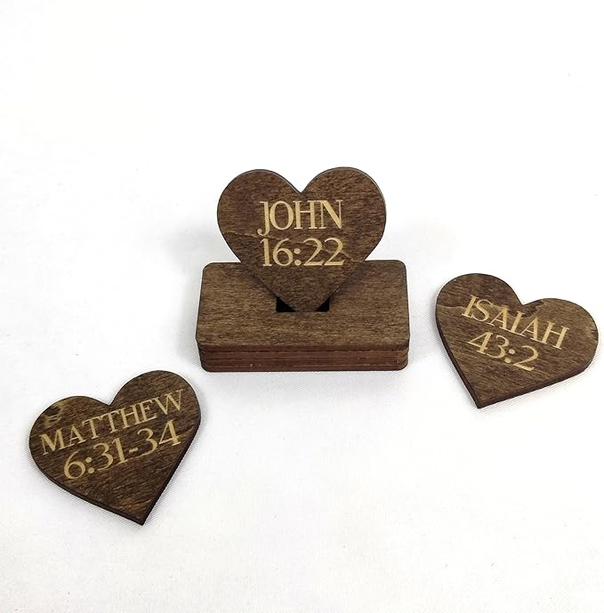Biblical Affirmation Wood Cutouts | 72 Unique Laser Engraved Wood Hearts with Bible Verse Passages | Includes Desktop Affirmation Holder | Daily Religious Prayer Gift