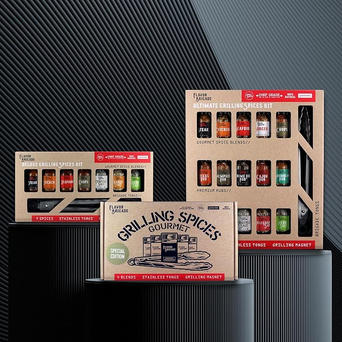 Flavor Brigade Gourmet Grilling Spices Gift Set for Guys, Dad, Men, BBQ Grill Accesories, Smoker, Seasonings, Rub, Steak, Burgers, Chicken, Fish & Stainless Tongs (4 Bags, 7 Piece Set)