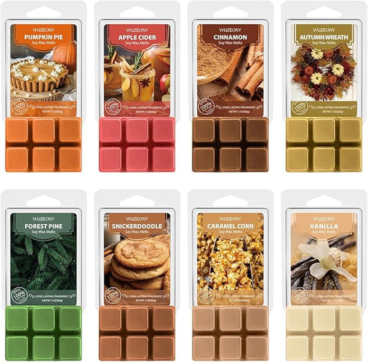 Autumn Scented Wax Melts, Fall Wax Cubes Gift Set, Soy Wax Tarts for Warmer - Pumpkin Pie, Apple Cider, Cinnamon, Autumn Wreath, Forest Pine, Snickerdoodle, Caramel Corn, Vanilla, 8 Pack