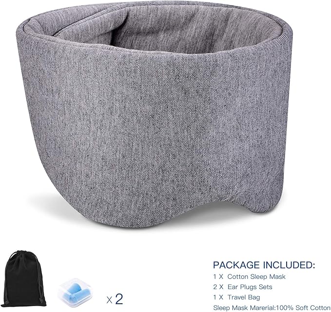 Cotton Sleep Mask for Men & Women, Handmade Eye Mask for Sleeping - Light Blocking/Breathable/Comfortable Blindfold, Eyeshade for Airplane/Nap/Travel with Earplugs (Light Gray)