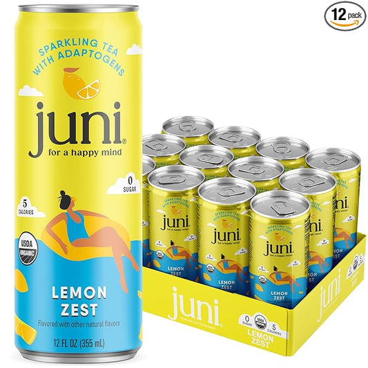 Juni Sparkling Adaptogen Drink with Ashwagandha, Lion’s Mane & Reishi Mushrooms | Green Tea for Focus, Zero Sugar, 5 Calories, Organic | Non Alcoholic Drinks - Lemon 12 pack