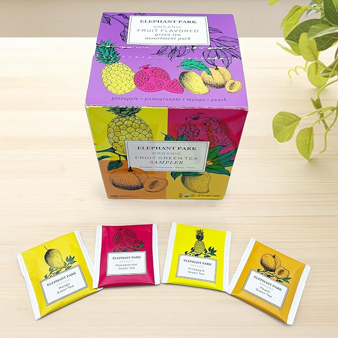 Premium Organic Fruit Green Tea Sampler, 100 Count Assorted Tea Bags, Caffeinated & Herbal Variety Pack Pineapple, Pomegranate, Mango, Peach Flavors