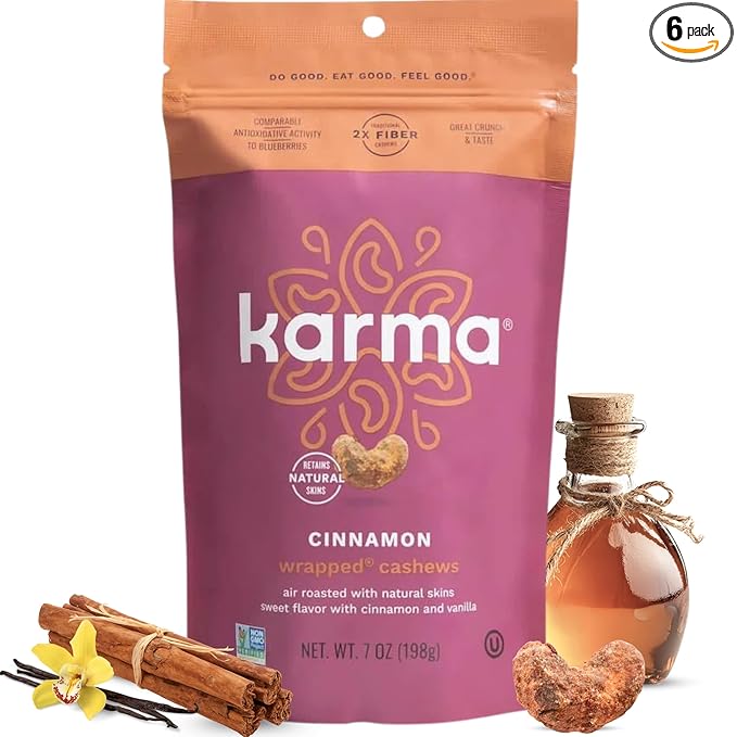 Cinnamon Wrapped Whole Cashews by Karma Nuts, Sweet & Savory, Air Roasted with Natural Skins, 2X more Fiber, Peanut-Free Facility, Kosher, Everyday Nut Snack, 7oz Resealable Bag - 6 pack