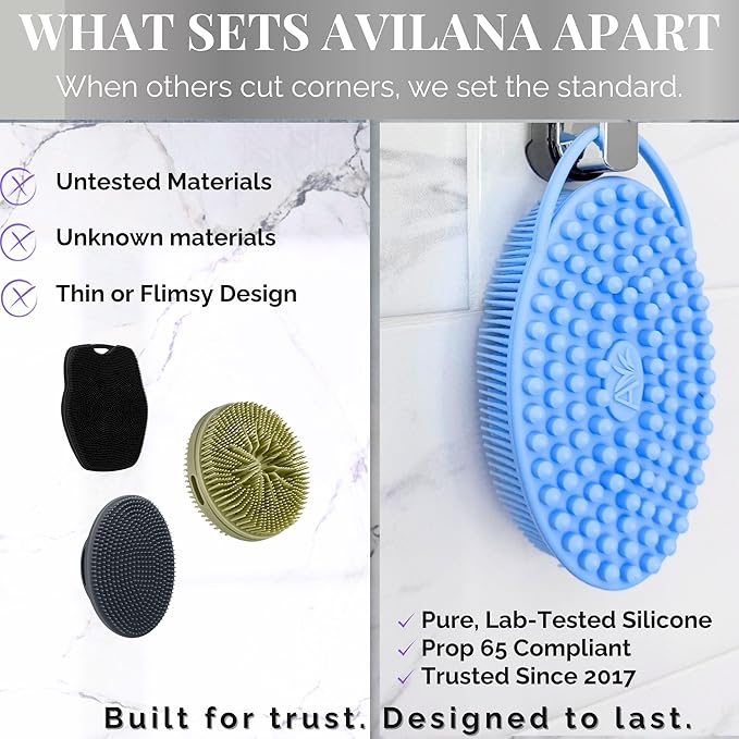 Avilana Silicone Body Scrubber - Food Grade & Lab Tested, Gentle Exfoliating Shower Brush for All Skin Types, Hygienic Quick-Dry Loofah Alternative (Pink, Massage-Silver)