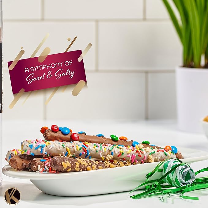 KREMERY Creamy Chocolate Cravings - Diwali Sweets Hamper Chocolate Covered Pretzel Rods Gift Basket, in Confetti Tower (10 Pretzels, Assorted Sweet Toppings) Food Arrangement