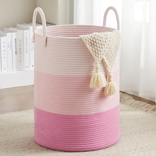 Fiona's magic Cotton Rope Laundry Hamper, Tall Woven Laundry Basket Storage, Baby Nursery Hamper for Blankets, Toys and Clothes Hamper for Bedroom and Living Room Organizing, 58L, Pink