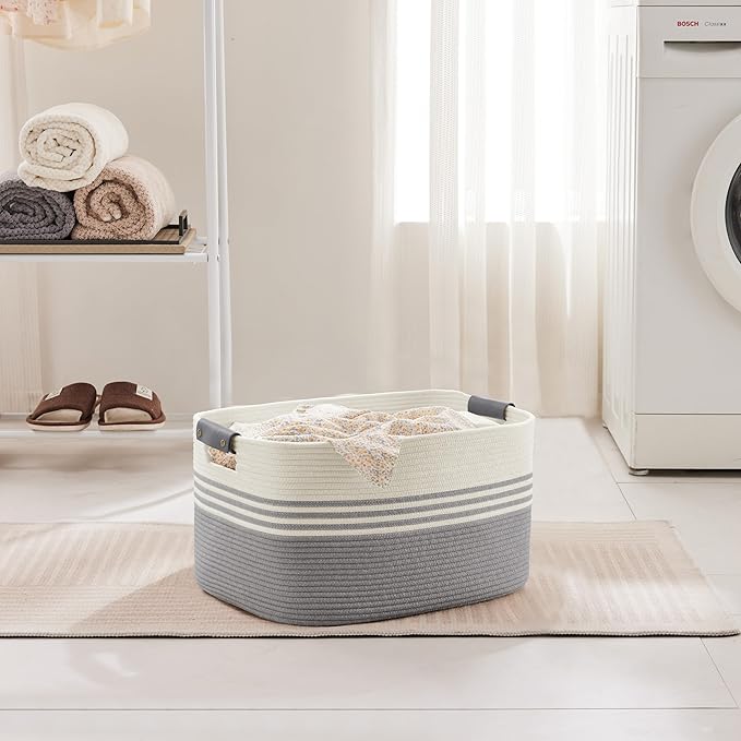 45L Small Laundry Basket with Leather Handles for Living Room Storage, Woven Rope Baskets Bin for Blanket, Kids Toy, Gifts, Wicker Hamper for Bedroom Dirty Clothes, 18"x14"x11" White Grey