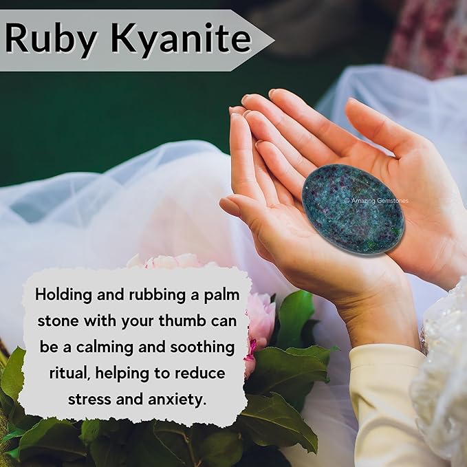 Amazing Gemstone Ruby in Kyanite Palm Stone - Massage Worry Stone for Natural Body Chakra Balancing, Reiki Healing and Crystal Grid
