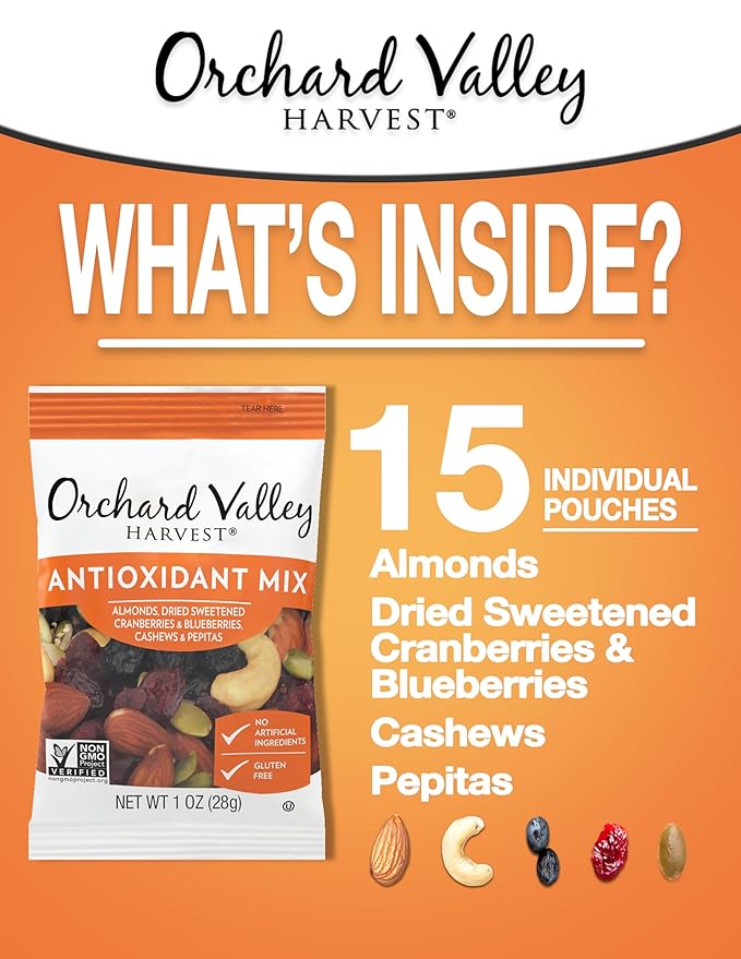 Orchard Valley Harvest Antioxidant Mix, 1 Ounce Bags (Pack of 15), Almonds, Cranberries, Blueberries, Cashews, and Pepitas, Non-GMO, No Artificial Ingredients, Healthy Snacks for Adults