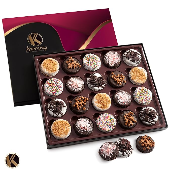 KREMERY Creamy Chocolate Cravings - Diwali Sweets Hamper Chocolate Covered Sandwich Cookies & Cream Gift Basket, in Elegant Gift Box (20 Cookies, Assorted Sweet Toppings)